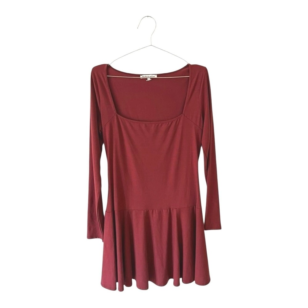 Reformation Coen Long Sleeve Square Neck Mini Dress Burgundy Red Size L Pleated